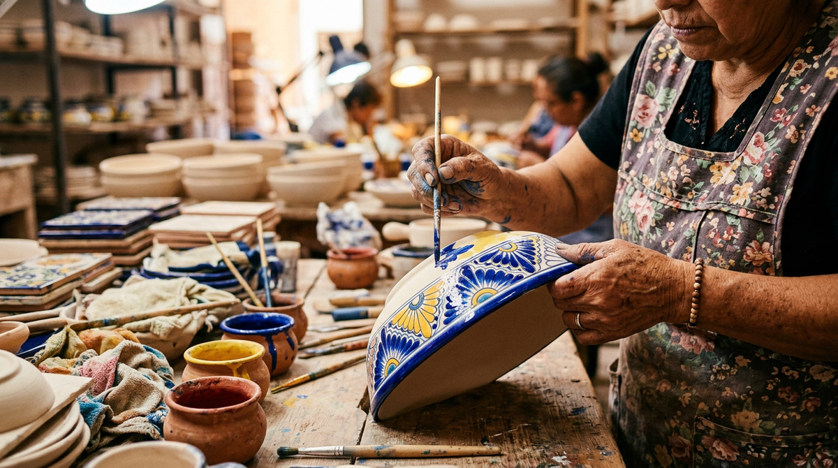 Artisan hand-painting traditional Talavera pottery