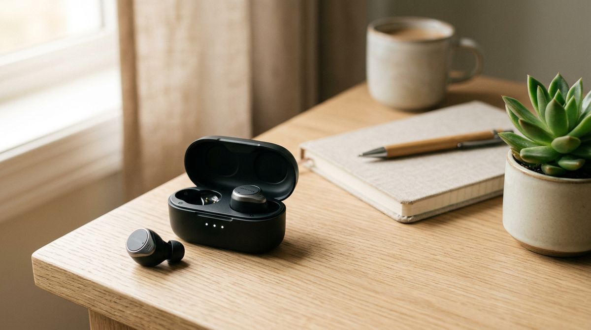 Wireless earbuds and charging case on a desk
