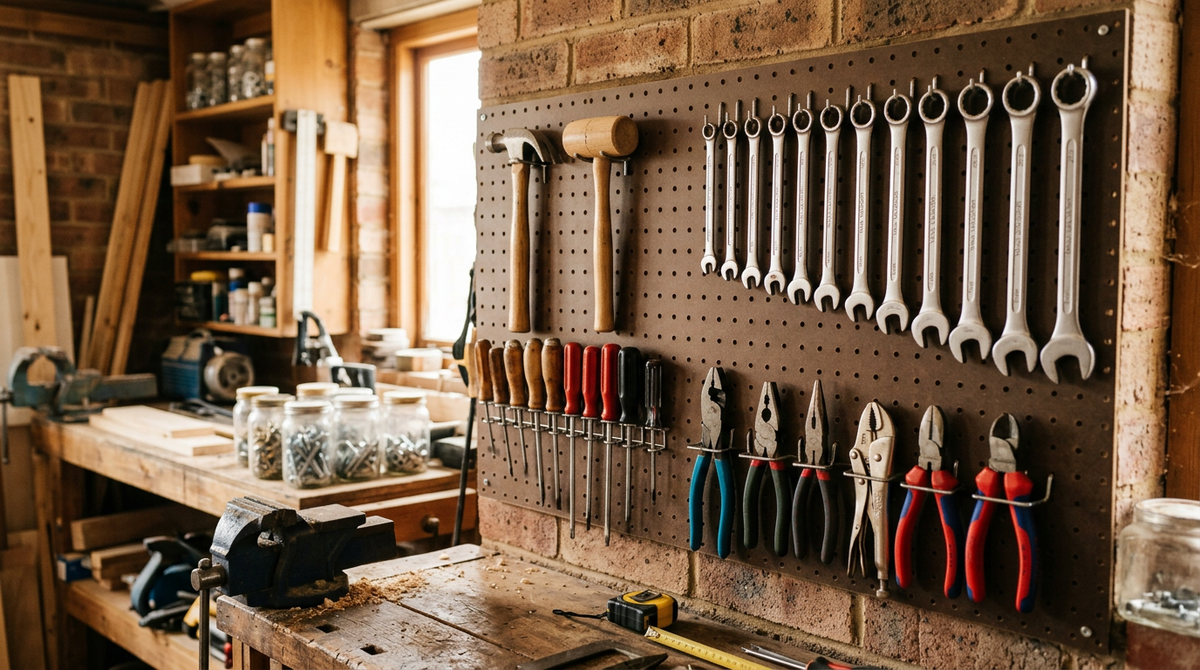 Organized pegboard wall with hand tools