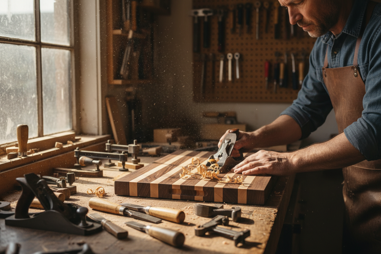 create an image of a carpenter creating a cutting board in the shop, make it hyperrealistic please