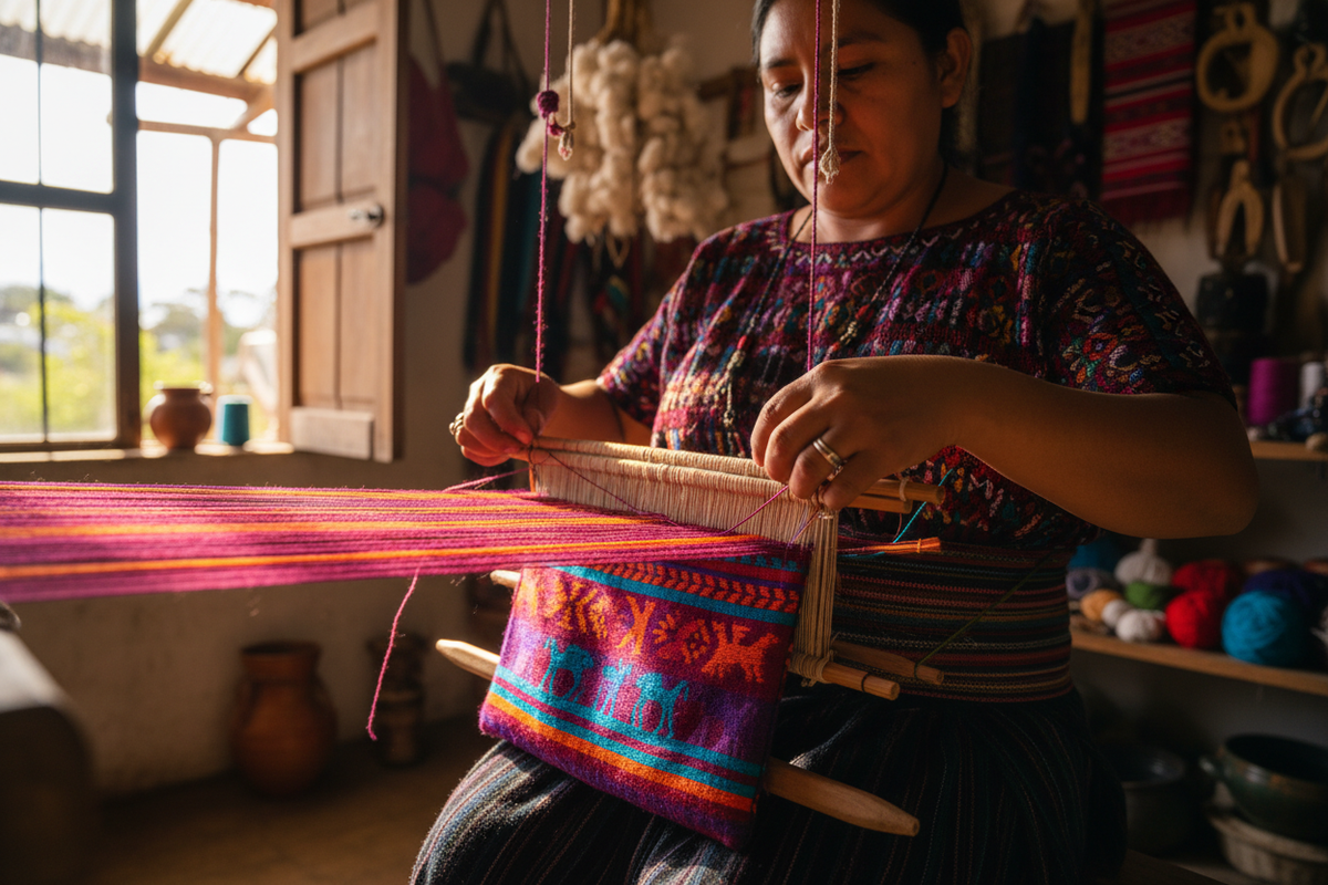 Generate an image of a handmade bad being made in Chiapas Mexico by local artisans. this has to be a relistic image to use as product information 
